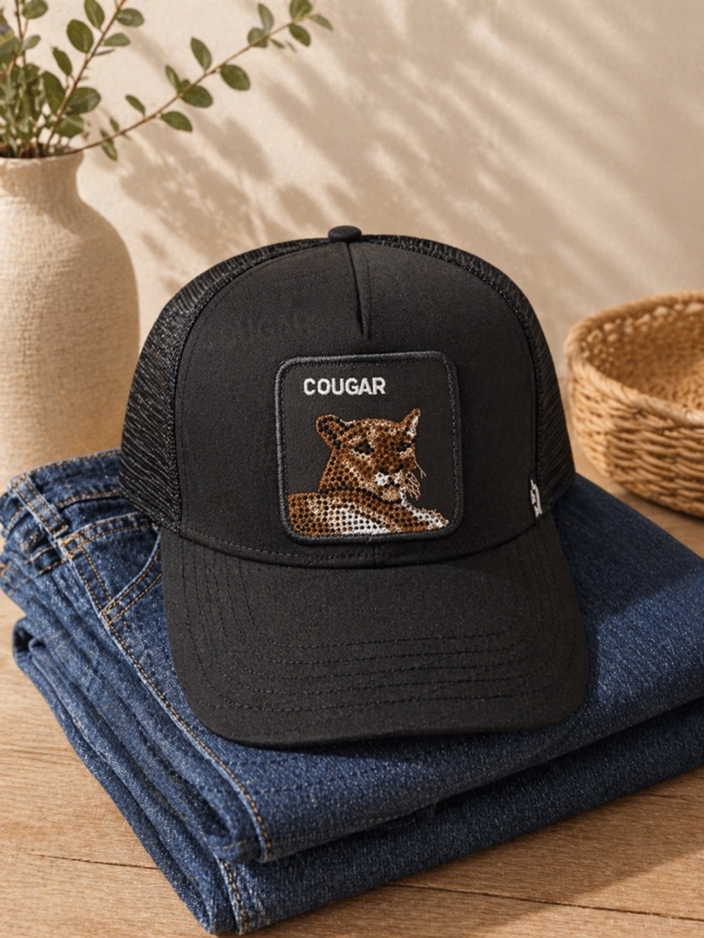 Goorin Bros Black Trucker Hat with Sequin Leopard Patch